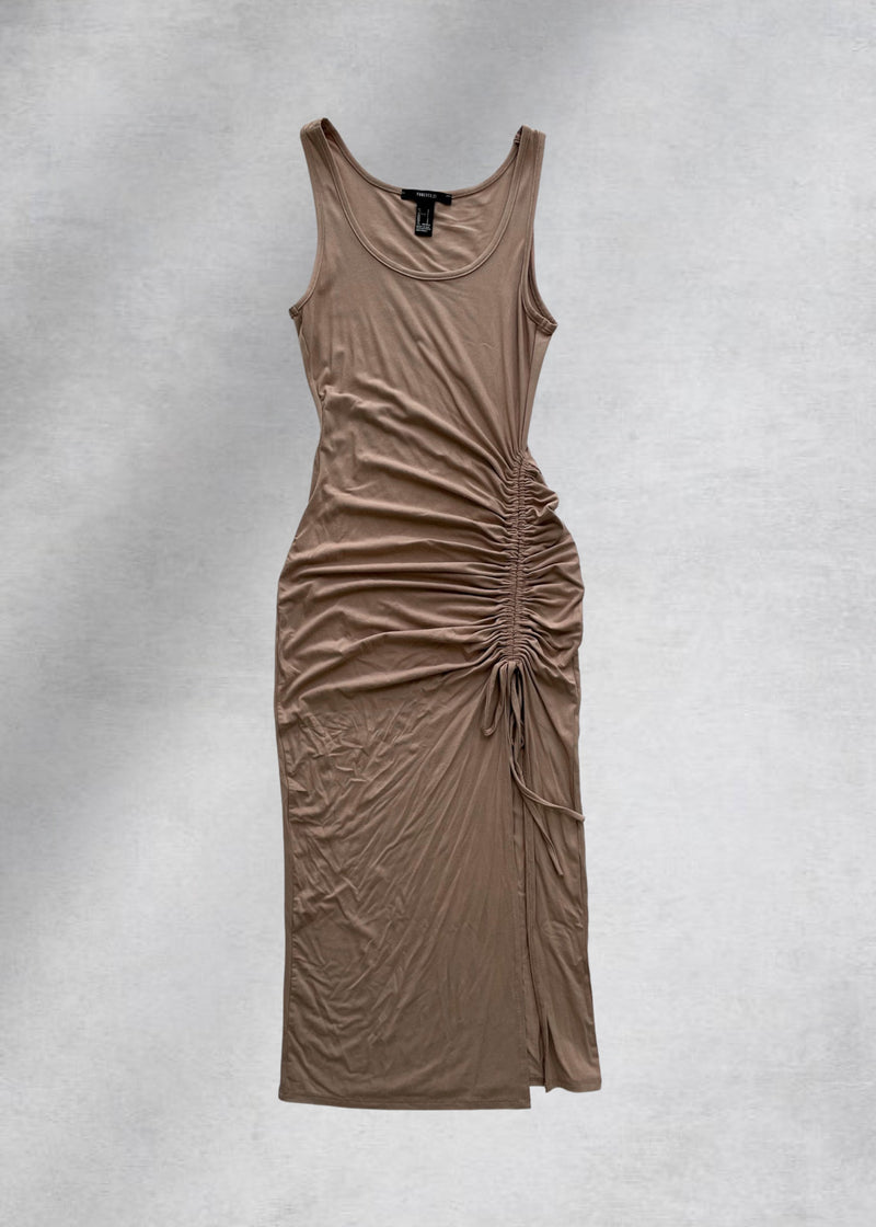 Harlow Side Ruching Midi Dress - Beige