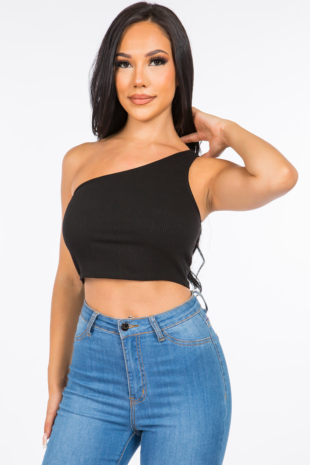 black one shoulder crop top